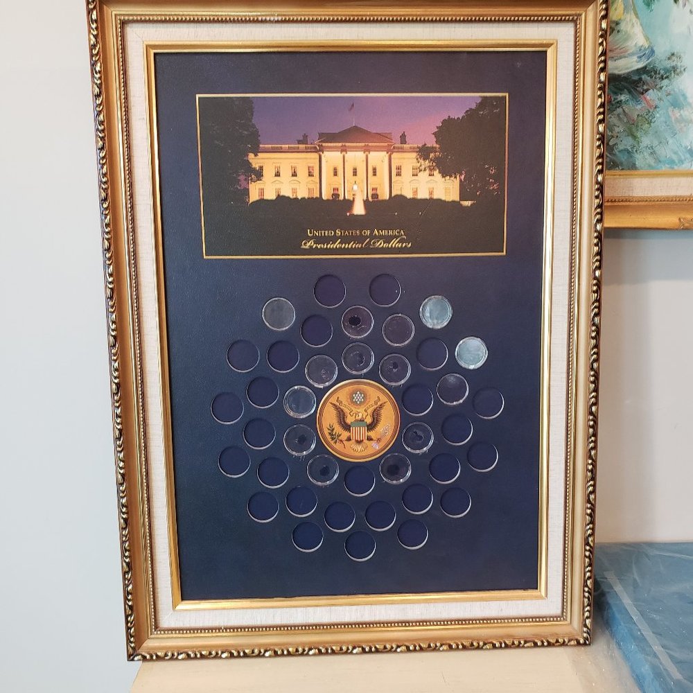 World Reserve Monetary Exchange US Presidental Dollars Display Ornate Gold Frame
